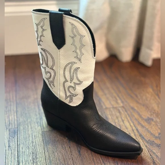Nine West Yodown Black and Cream Western Embroidered Mid-Calf Booties- Size 8 - Picture 5 of 9
